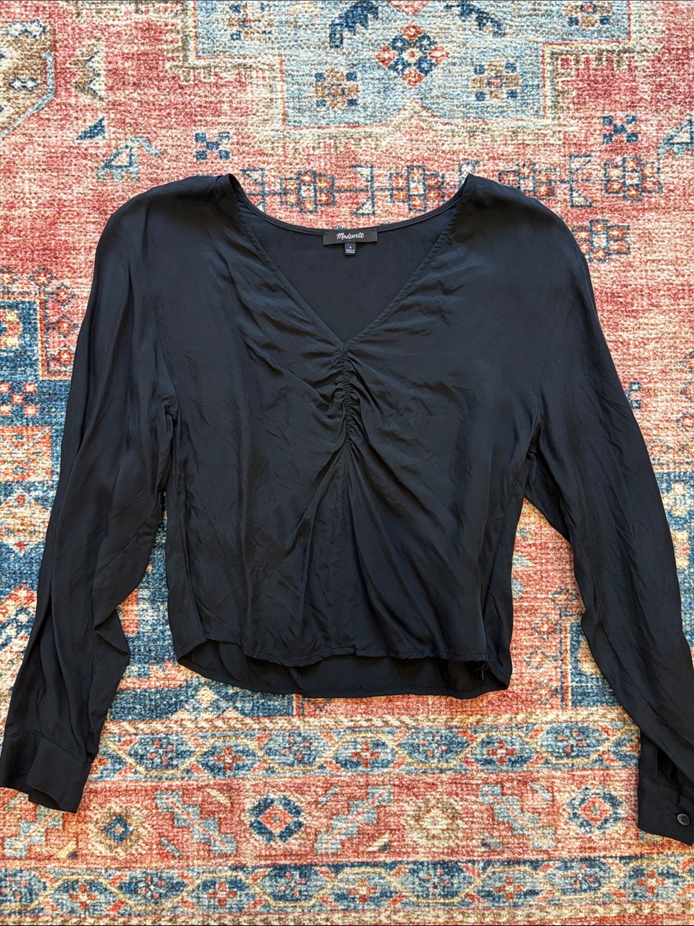 Madewell Black V-Neck Ruched Long Sleeve Blouse